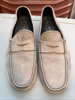 Tod's Light Gray Suede Penny Loafers